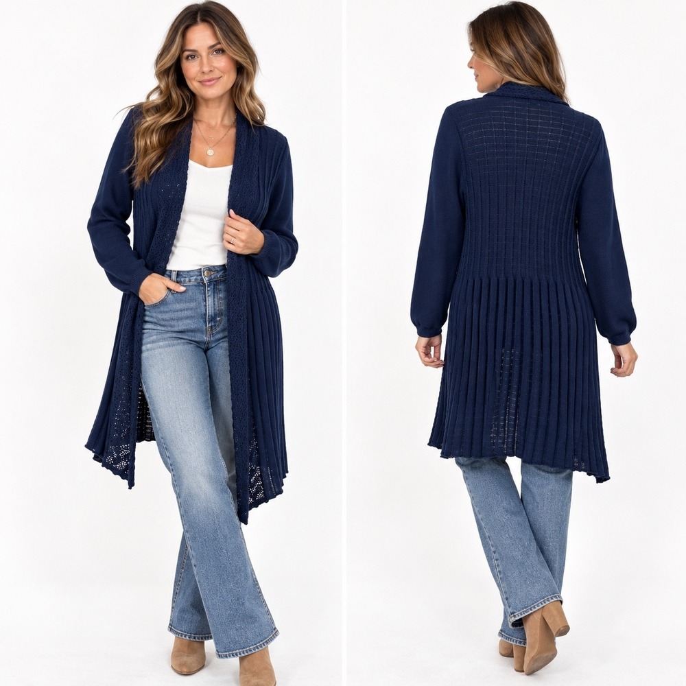 Chadwicks Cardigan L Navy Longline Ribbed Pointelle Trim Open Front Minimalist